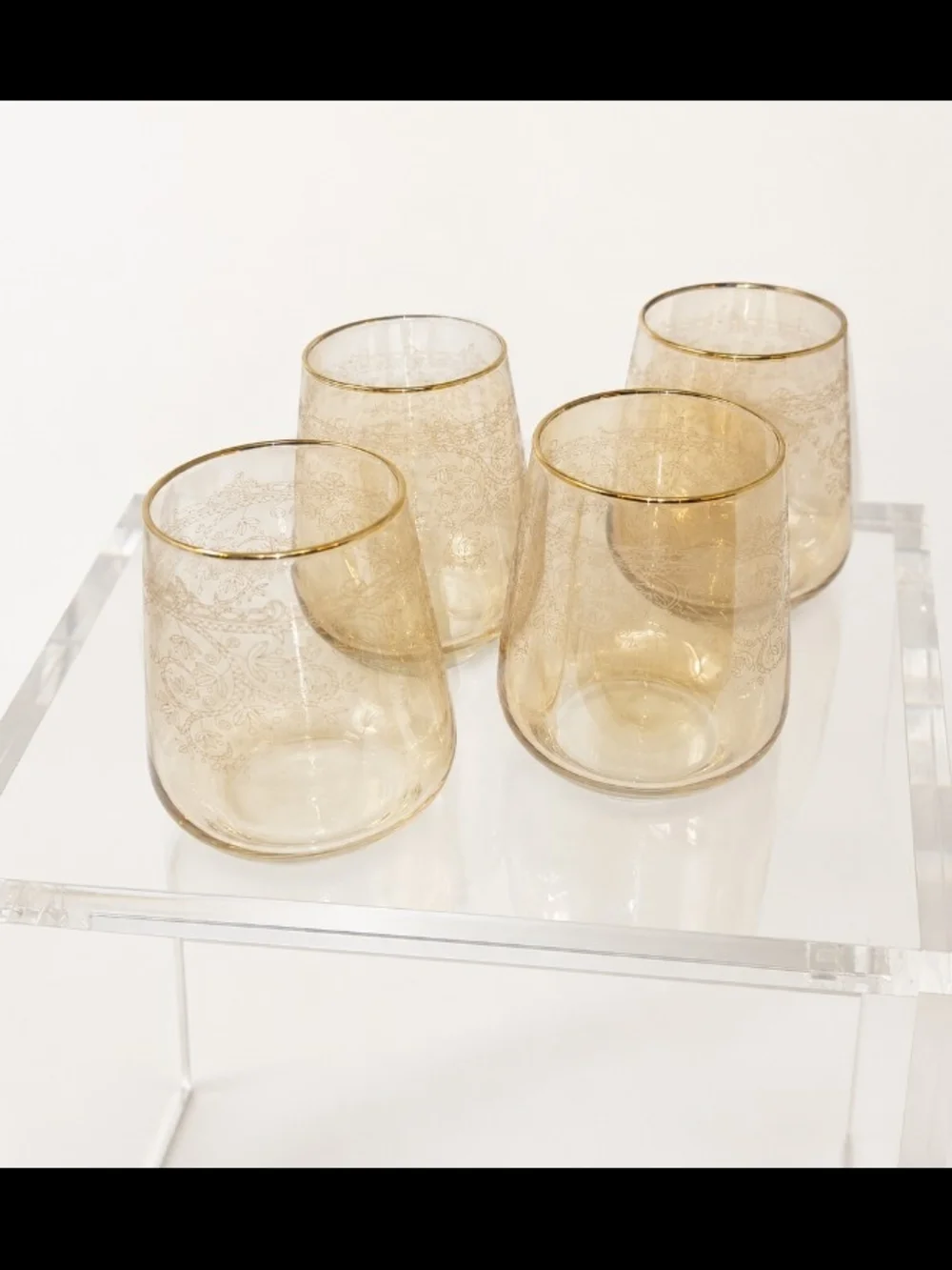 Set of 4 Libbey Vintage Amber Etched Glass Tumblers with Gold Rim